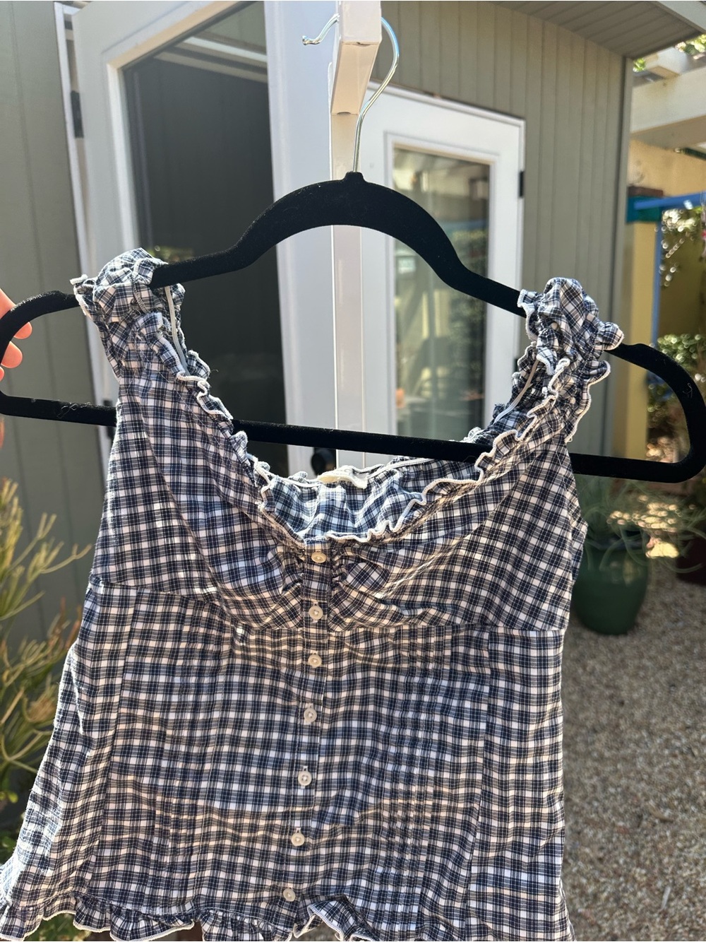 Brandy Melville Navy and White Plaid Ruffle-Trim Tank